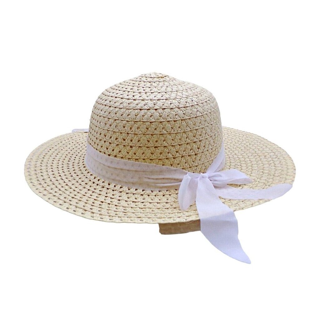 Tan Wide Floppy Brim Beach Garden Paper Straw Hat White Removable Bow Womens OSF
